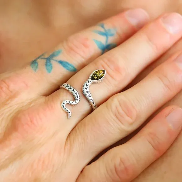 Amber Snake Ring- 925 Sterling Silver Adjustable Ring-Goth Chic - Picture 1 of 4